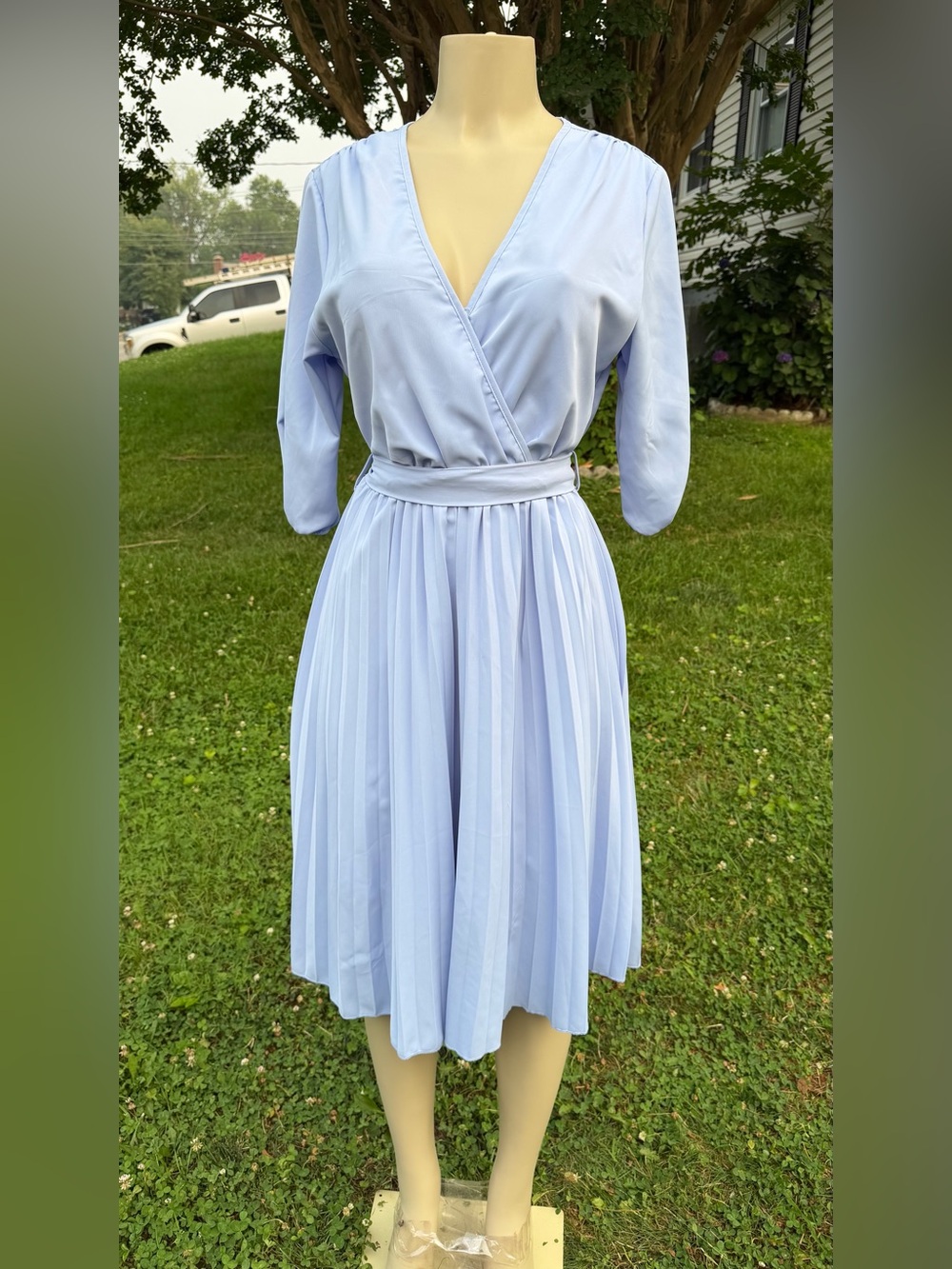 Light Blue Pleated Wrap-Front Women’s Dress